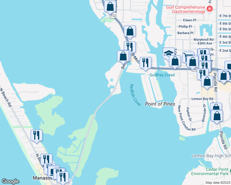 map of restaurants, bars, coffee shops, grocery stores, and more near 1375 Beach Road in Englewood