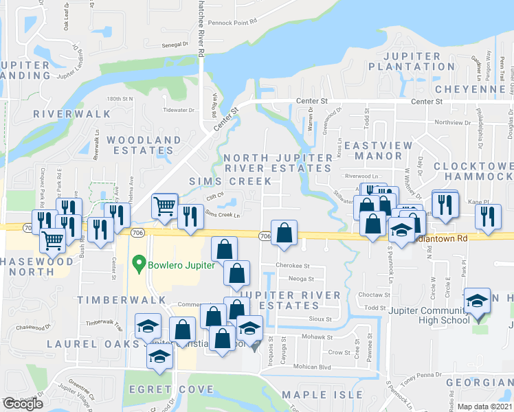 map of restaurants, bars, coffee shops, grocery stores, and more near 108 Sims Creek Court in Jupiter