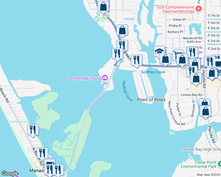 map of restaurants, bars, coffee shops, grocery stores, and more near 1375 Beach Road in Englewood