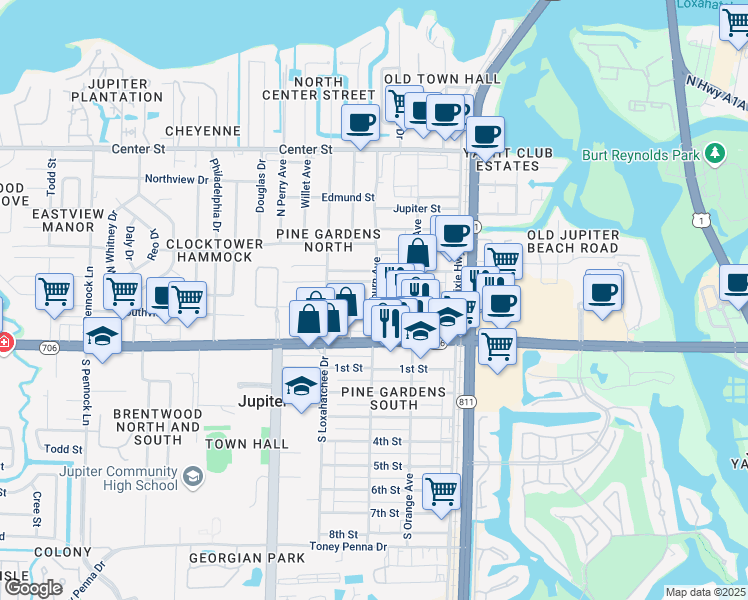 map of restaurants, bars, coffee shops, grocery stores, and more near Fern Street in Jupiter