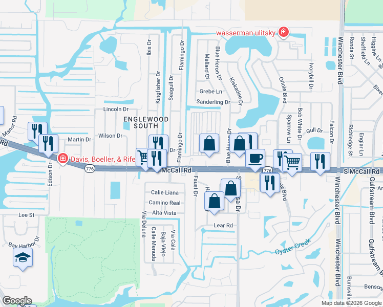 map of restaurants, bars, coffee shops, grocery stores, and more near 1475 Flamingo Drive in Englewood