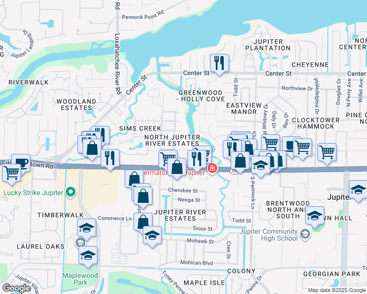 map of restaurants, bars, coffee shops, grocery stores, and more near 1213 Seneca Street in Jupiter