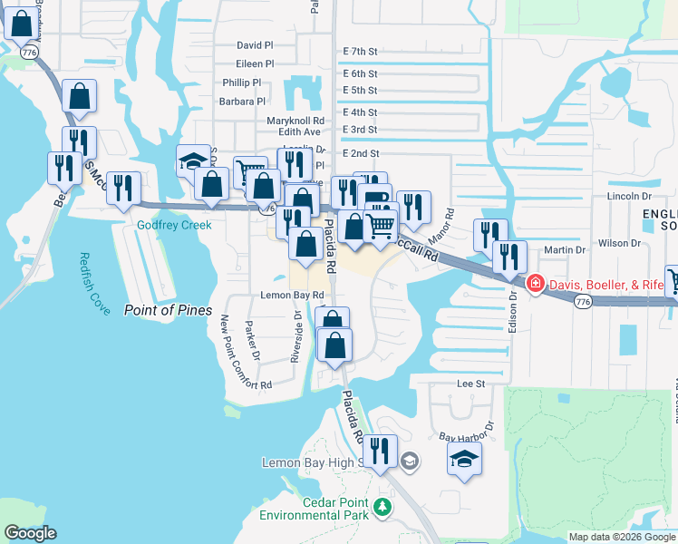 map of restaurants, bars, coffee shops, grocery stores, and more near 1531 Placida Road in Englewood
