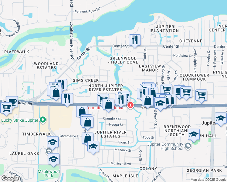 map of restaurants, bars, coffee shops, grocery stores, and more near 1213 Seneca Street in Jupiter