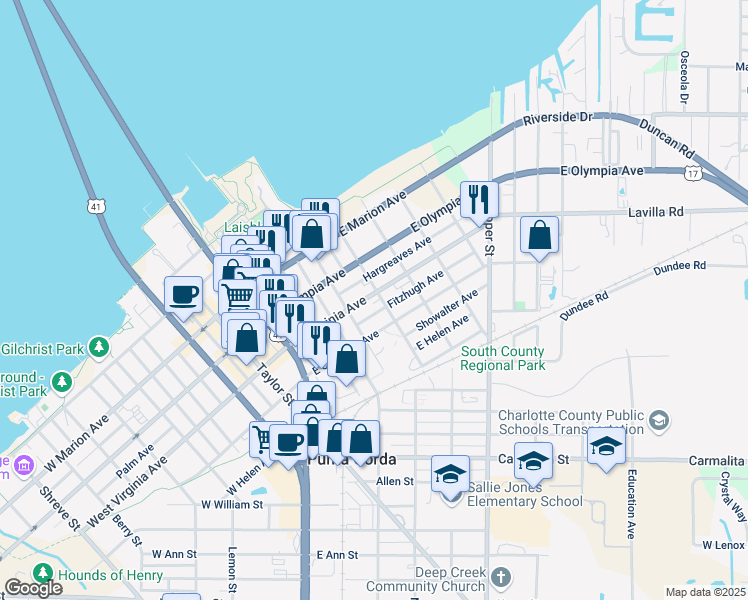 map of restaurants, bars, coffee shops, grocery stores, and more near 455 Doctor Martin Luther King Junior Boulevard in Punta Gorda