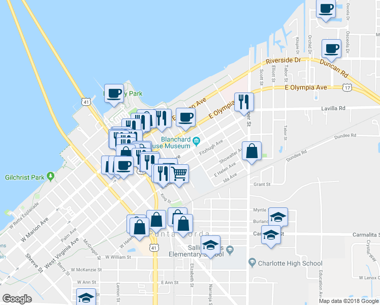 map of restaurants, bars, coffee shops, grocery stores, and more near 329 East Virginia Avenue in Punta Gorda