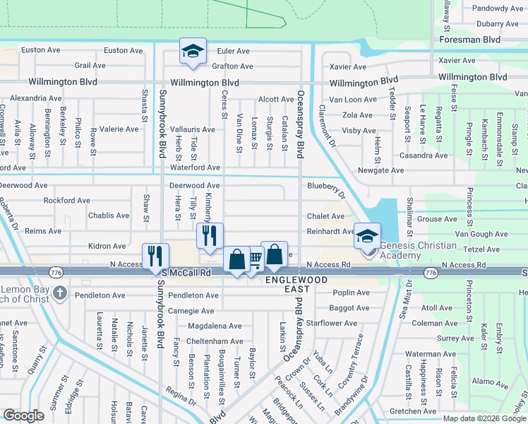 map of restaurants, bars, coffee shops, grocery stores, and more near 11193 Chalet Avenue in Englewood