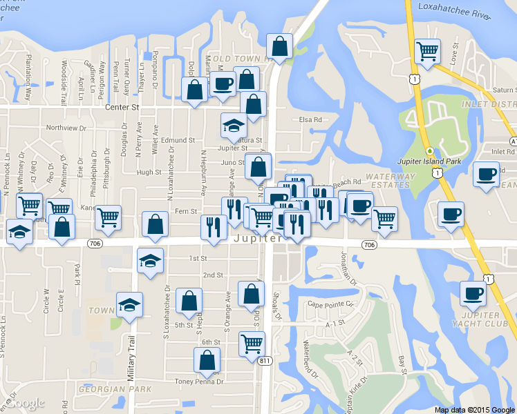map of restaurants, bars, coffee shops, grocery stores, and more near 100 N Old Dixie Hwy in Jupiter