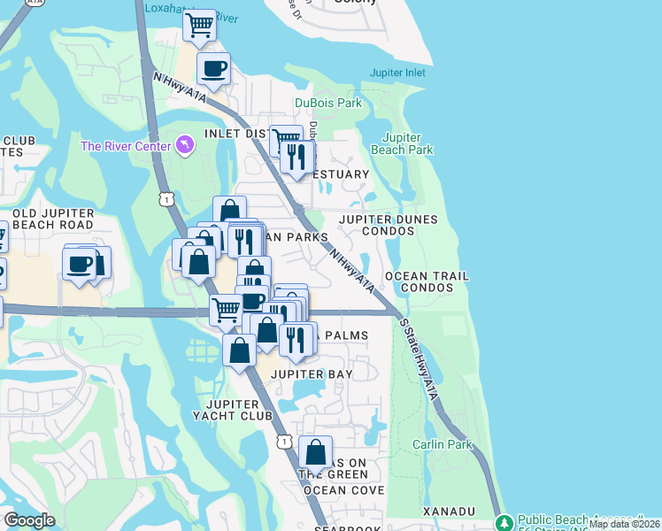 map of restaurants, bars, coffee shops, grocery stores, and more near 400 North Highway A1A in Jupiter