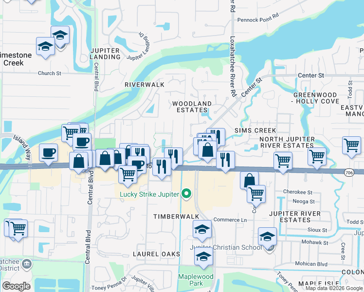 map of restaurants, bars, coffee shops, grocery stores, and more near 2025 Center Street in Jupiter