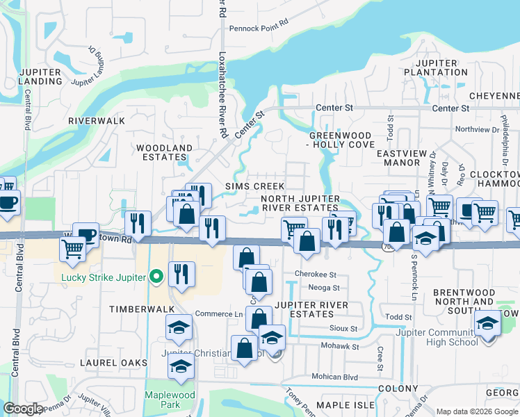 map of restaurants, bars, coffee shops, grocery stores, and more near 105 Sims Creek Lane in Jupiter