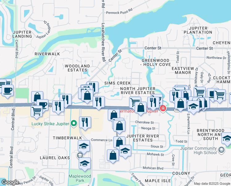 map of restaurants, bars, coffee shops, grocery stores, and more near 105 Sims Creek Lane in Jupiter