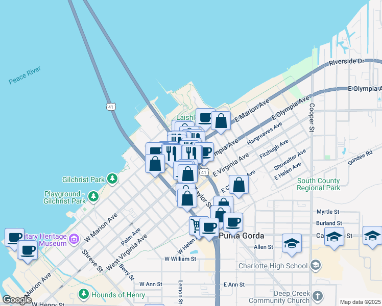 map of restaurants, bars, coffee shops, grocery stores, and more near 213 Tamiami Trail in Punta Gorda