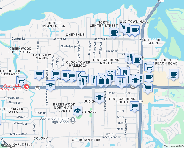 map of restaurants, bars, coffee shops, grocery stores, and more near 330 Clocktower Drive in Jupiter
