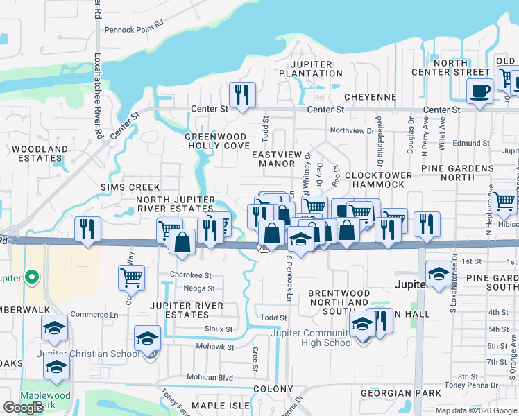 map of restaurants, bars, coffee shops, grocery stores, and more near 1016 Stillwater Drive in Jupiter