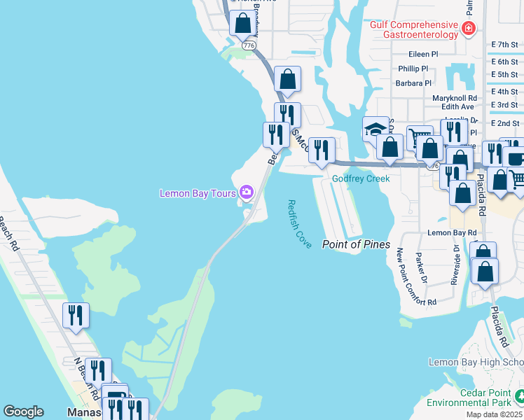 map of restaurants, bars, coffee shops, grocery stores, and more near 1375 Beach Road in Englewood