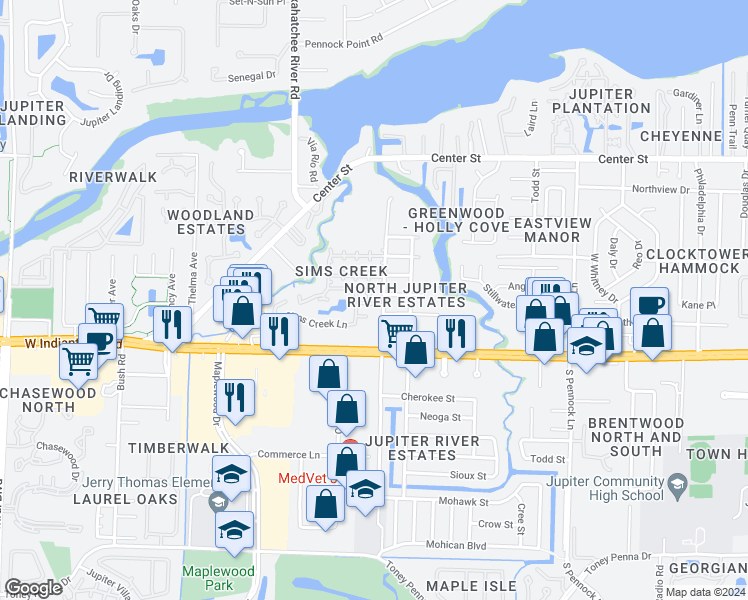 map of restaurants, bars, coffee shops, grocery stores, and more near 105 North Delaware Boulevard in Jupiter