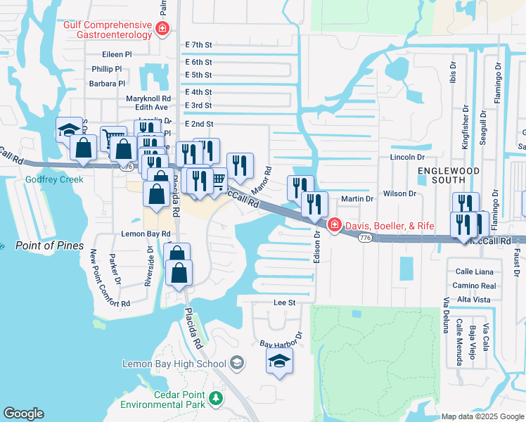 map of restaurants, bars, coffee shops, grocery stores, and more near 3 Manor Court in Englewood
