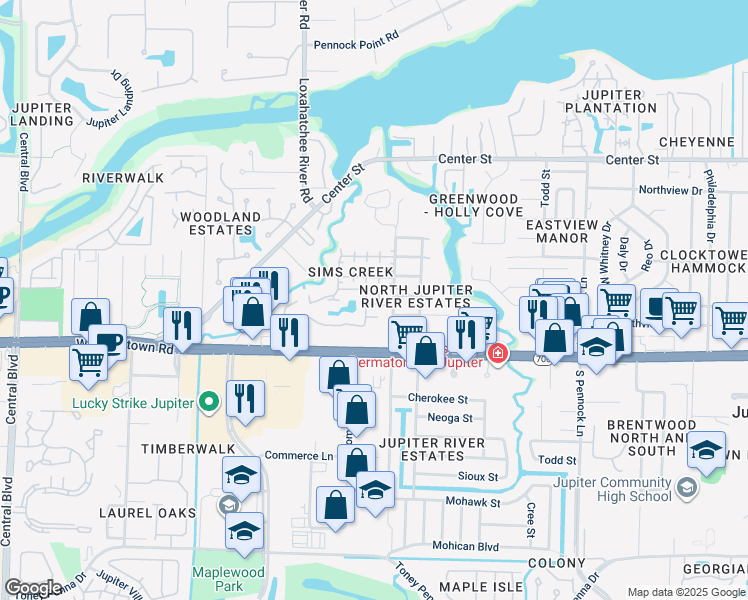 map of restaurants, bars, coffee shops, grocery stores, and more near 110 North Delaware Boulevard in Jupiter
