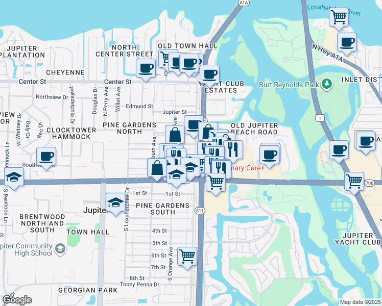 map of restaurants, bars, coffee shops, grocery stores, and more near 100 North Old Dixie Highway in Jupiter