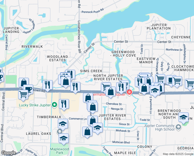 map of restaurants, bars, coffee shops, grocery stores, and more near 105 Sims Creek Lane in Jupiter