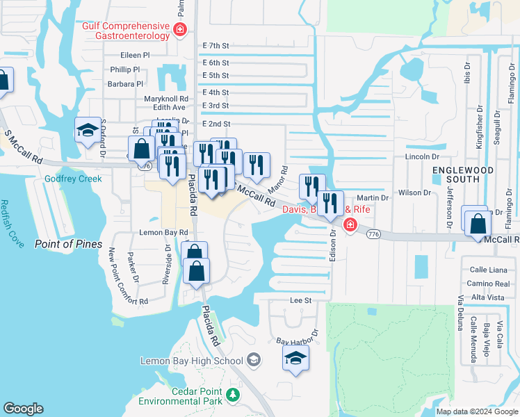 map of restaurants, bars, coffee shops, grocery stores, and more near 1449 Manor Road in Englewood