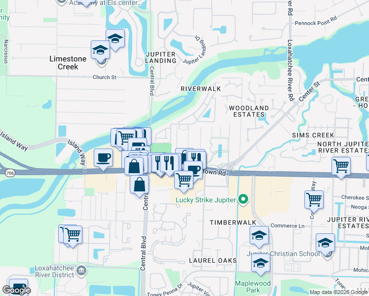 map of restaurants, bars, coffee shops, grocery stores, and more near 17635 Cinquez Park Road East in Jupiter
