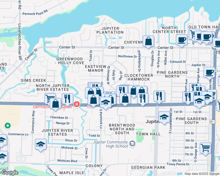 map of restaurants, bars, coffee shops, grocery stores, and more near 809 Southview Drive in Jupiter