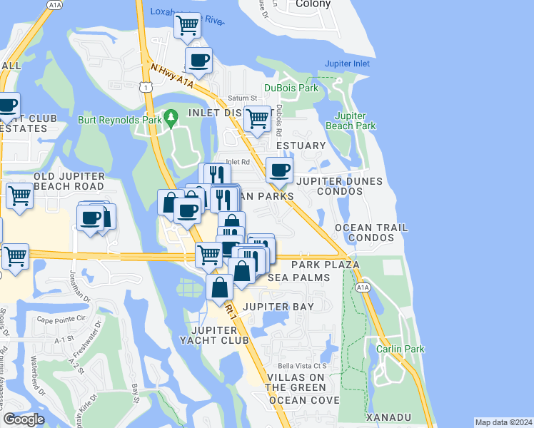 map of restaurants, bars, coffee shops, grocery stores, and more near 300 North A1A in Jupiter