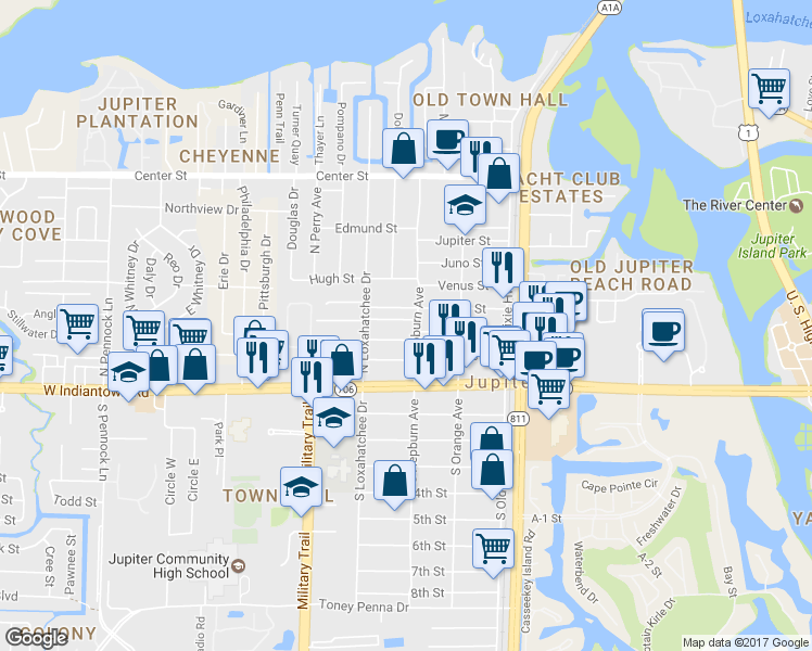 map of restaurants, bars, coffee shops, grocery stores, and more near 304 Kennedy Street in Jupiter