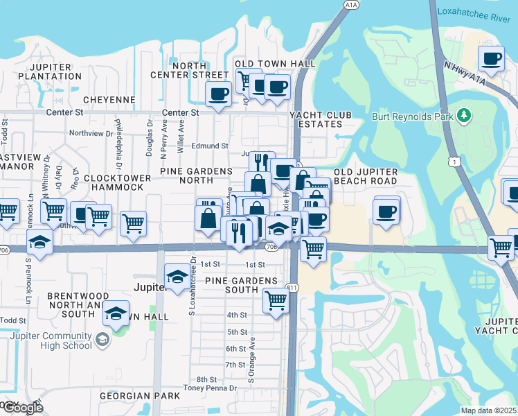 map of restaurants, bars, coffee shops, grocery stores, and more near 147 Hibiscus Street in Jupiter