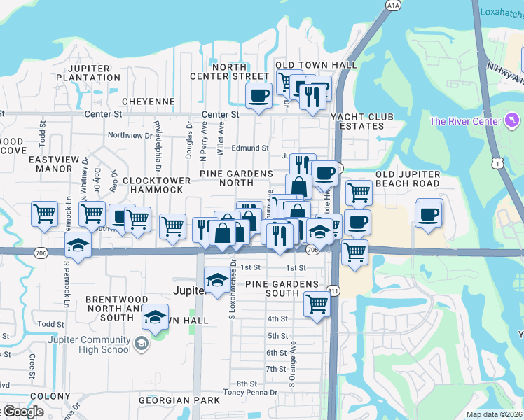 map of restaurants, bars, coffee shops, grocery stores, and more near 304 Kennedy Street in Jupiter
