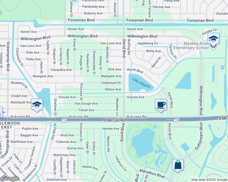 map of restaurants, bars, coffee shops, grocery stores, and more near 12229 Helios Avenue in Port Charlotte