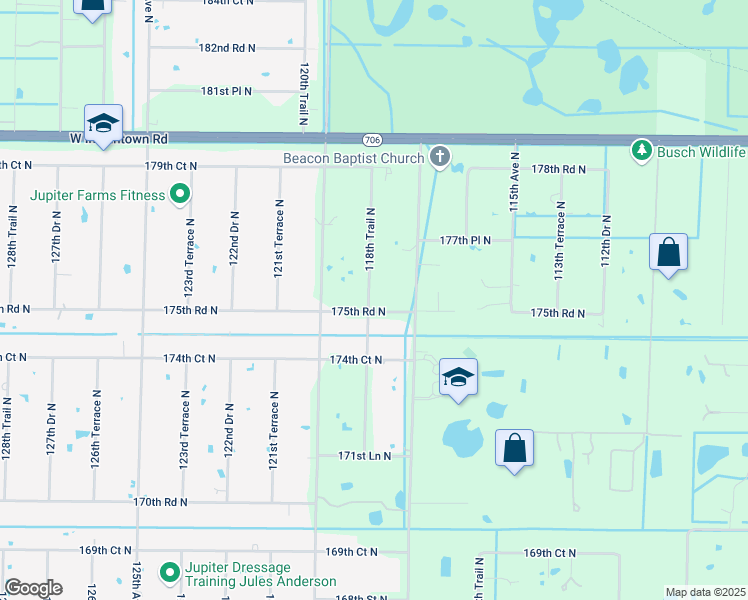 map of restaurants, bars, coffee shops, grocery stores, and more near 17646 118th Trail North in Jupiter