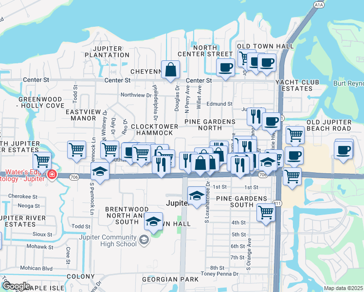 map of restaurants, bars, coffee shops, grocery stores, and more near 338 Clocktower Drive in Jupiter