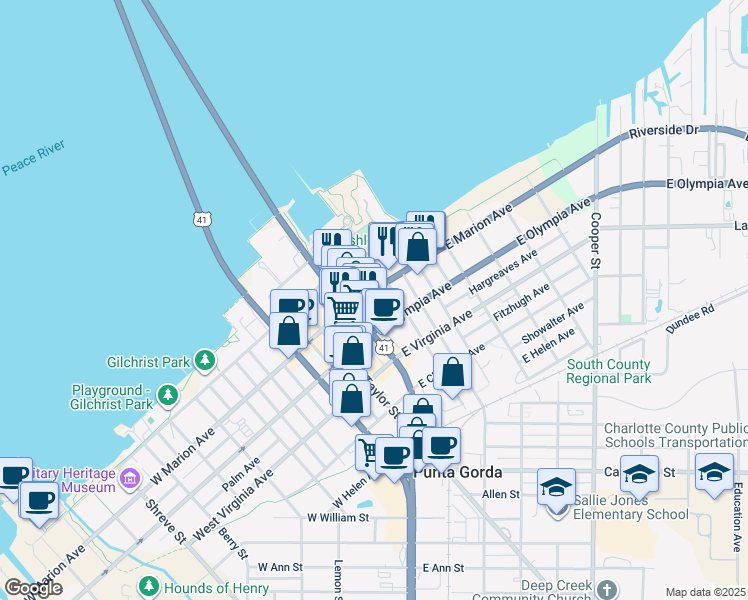 map of restaurants, bars, coffee shops, grocery stores, and more near 121 East Marion Avenue in Punta Gorda