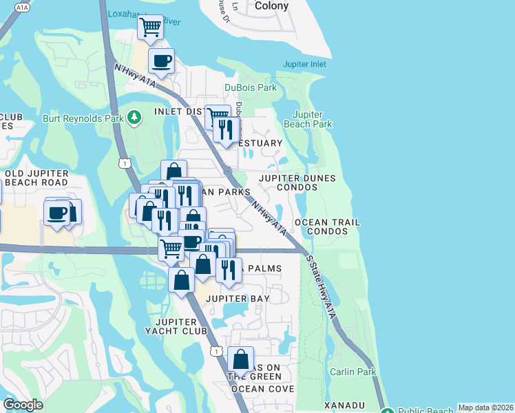 map of restaurants, bars, coffee shops, grocery stores, and more near 300 North SR-A1A in Jupiter