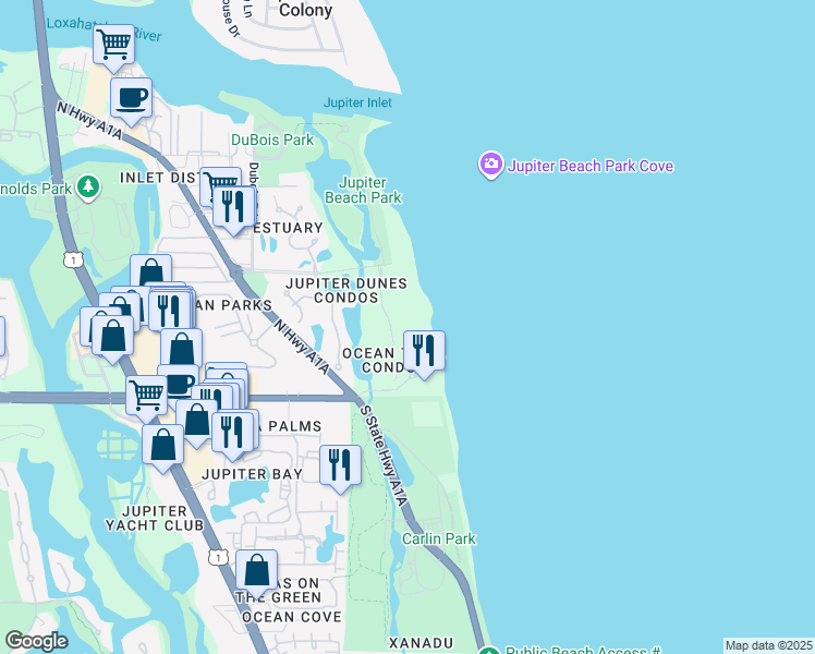 map of restaurants, bars, coffee shops, grocery stores, and more near 300 Ocean Trail Way in Jupiter