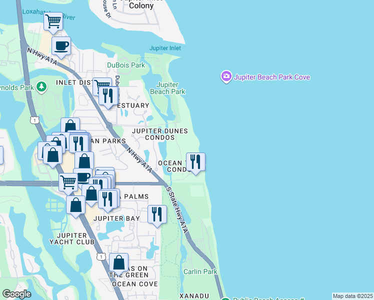 map of restaurants, bars, coffee shops, grocery stores, and more near 300 Ocean Trail Way in Jupiter