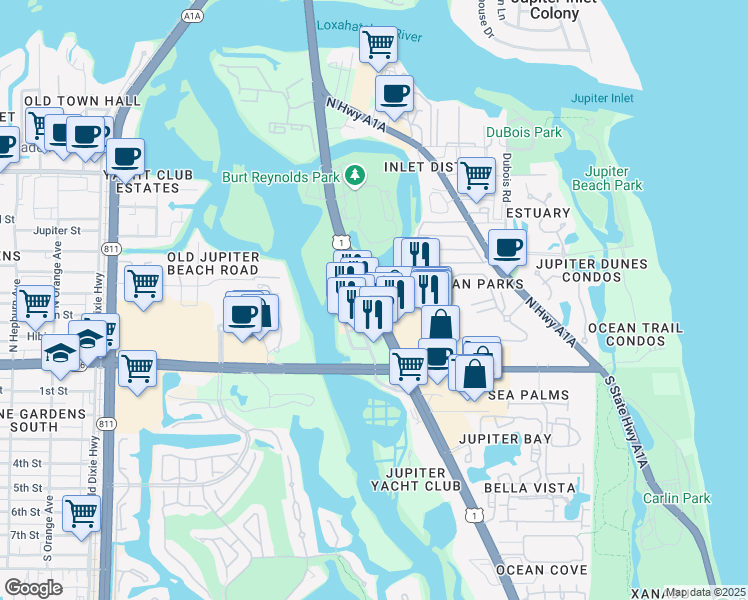 map of restaurants, bars, coffee shops, grocery stores, and more near 353 Route 1 in Jupiter