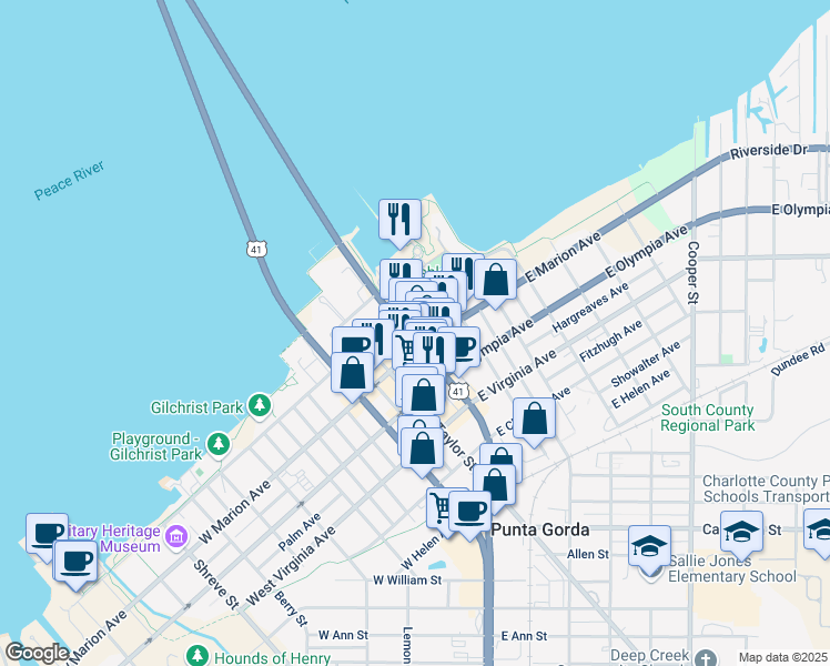 map of restaurants, bars, coffee shops, grocery stores, and more near in Punta Gorda