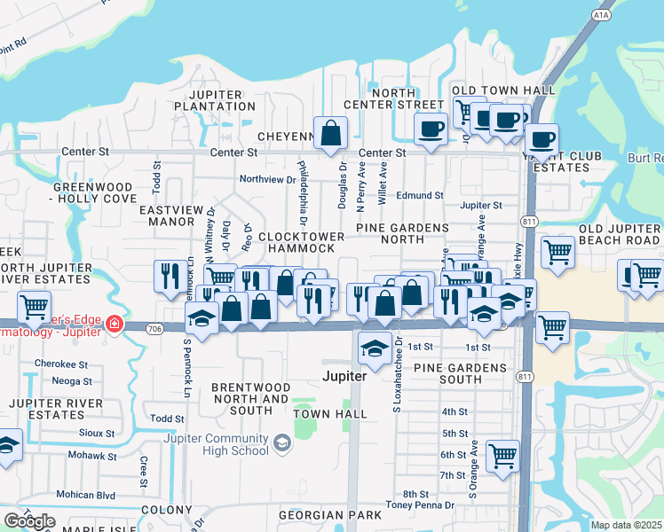 map of restaurants, bars, coffee shops, grocery stores, and more near 260 Clocktower Drive in Jupiter