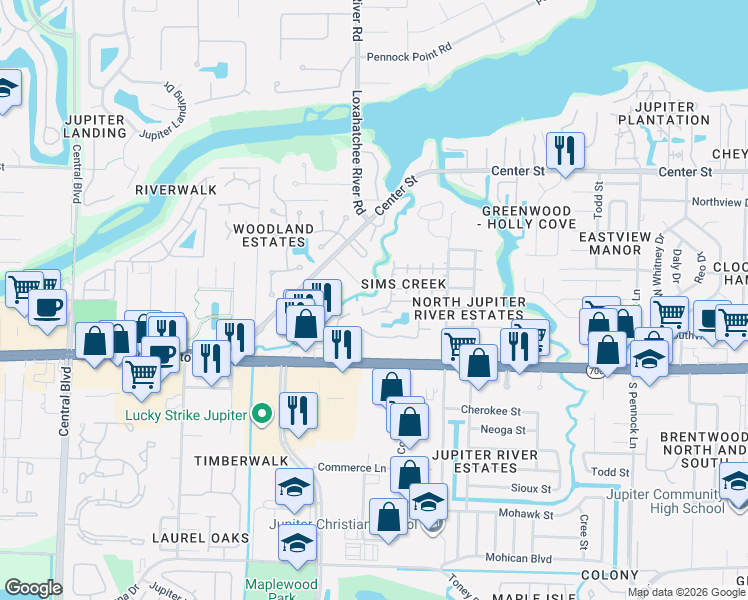 map of restaurants, bars, coffee shops, grocery stores, and more near 208 Sims Creek Drive in Jupiter