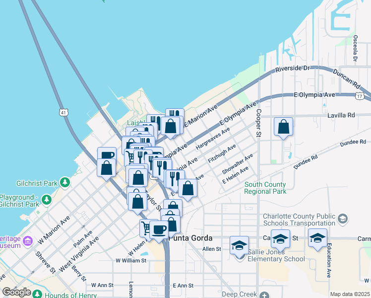 map of restaurants, bars, coffee shops, grocery stores, and more near 315 East Olympia Avenue in Punta Gorda