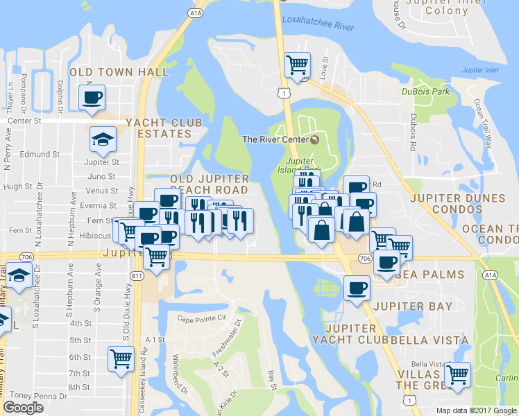 map of restaurants, bars, coffee shops, grocery stores, and more near 281 Fishermans Way in Jupiter