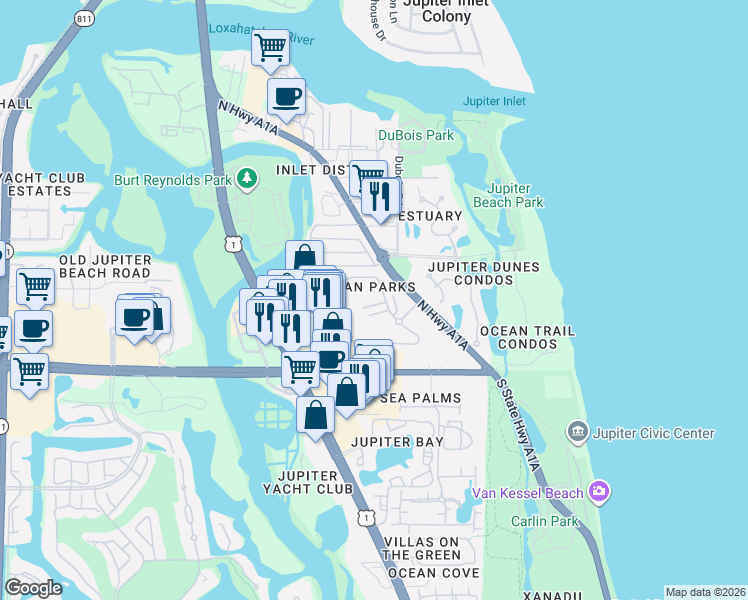 map of restaurants, bars, coffee shops, grocery stores, and more near in Jupiter