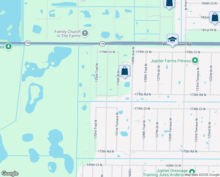 map of restaurants, bars, coffee shops, grocery stores, and more near 17628 Brian Way in Jupiter