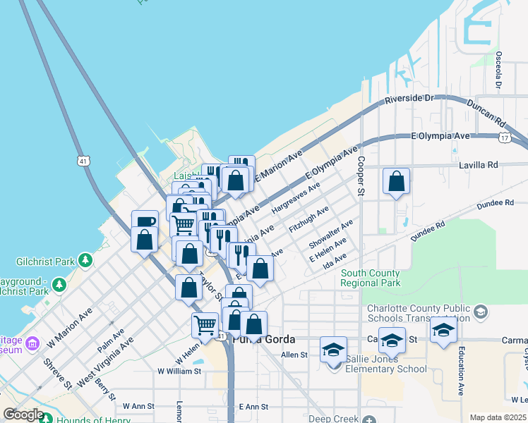 map of restaurants, bars, coffee shops, grocery stores, and more near 315 East Olympia Avenue in Punta Gorda