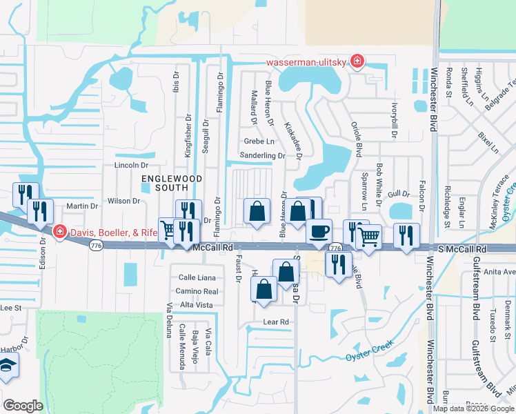 map of restaurants, bars, coffee shops, grocery stores, and more near 1475 Flamingo Drive in Englewood