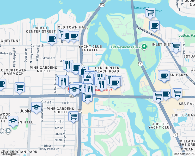 map of restaurants, bars, coffee shops, grocery stores, and more near 114 Diamante Way in Jupiter